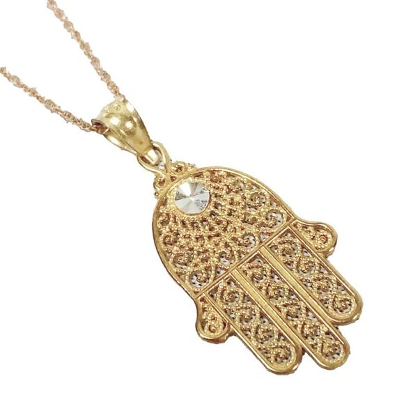 10k Yellow and White Gold Diamond Cut Filigree Hamsa Hand with 17” Chain